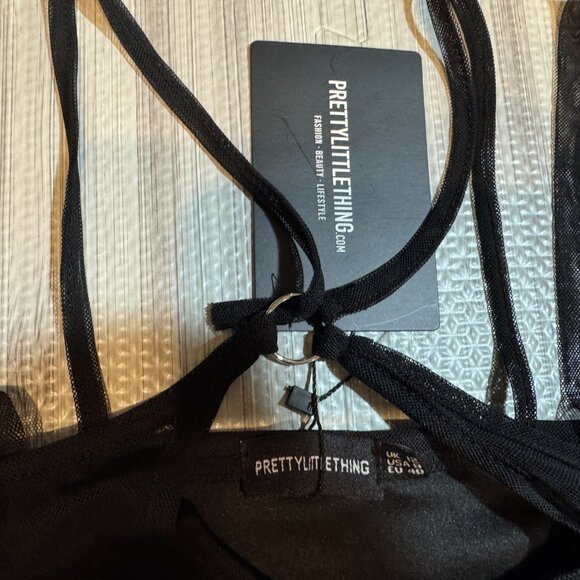 NWT PrettyLittleThing Women's Black Ring Halter Neck Ruched Bodycon Dress - Picture 2 of 3